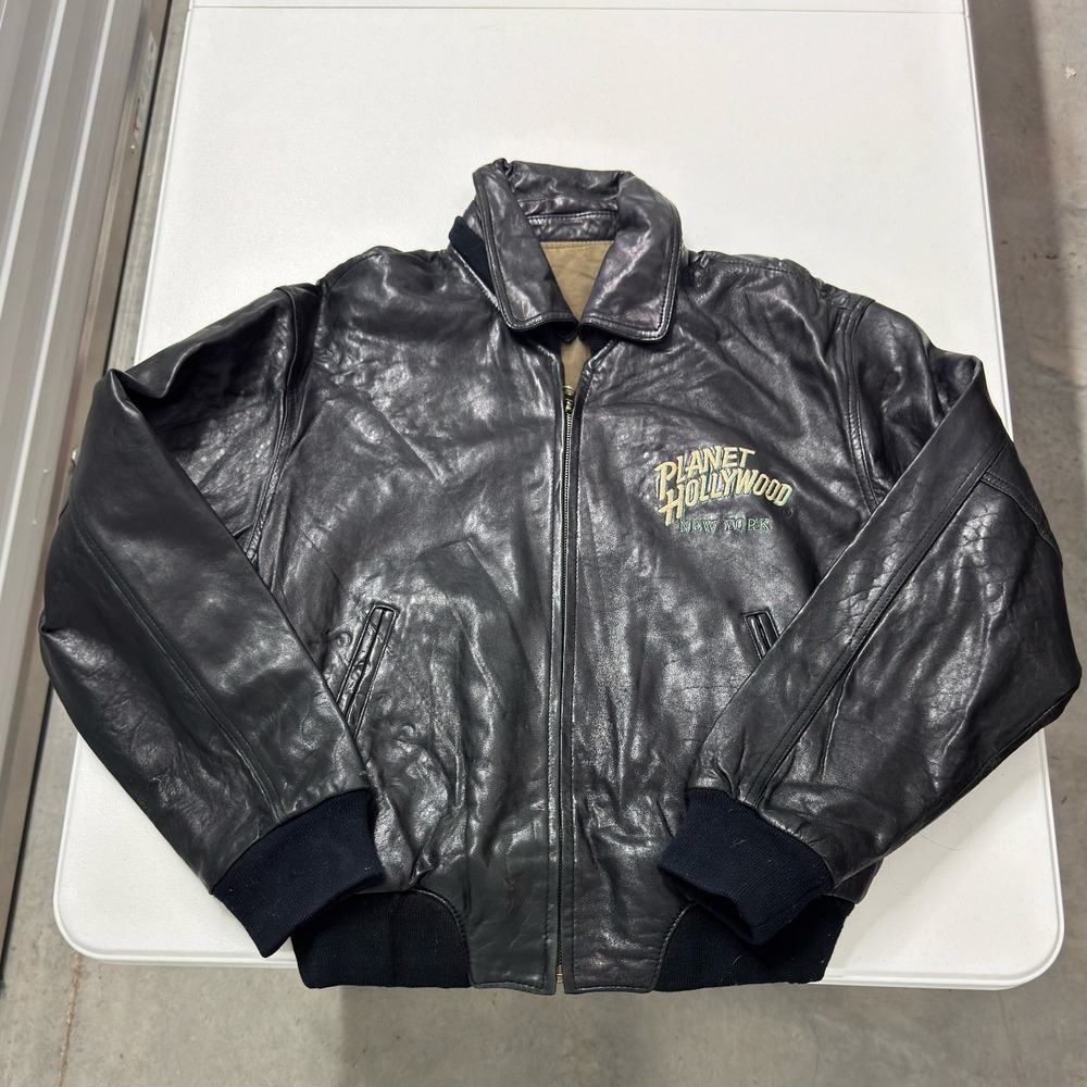 Planet Hollywood Leather Bomber Jacket Mens M Black Excellent Vintage New York